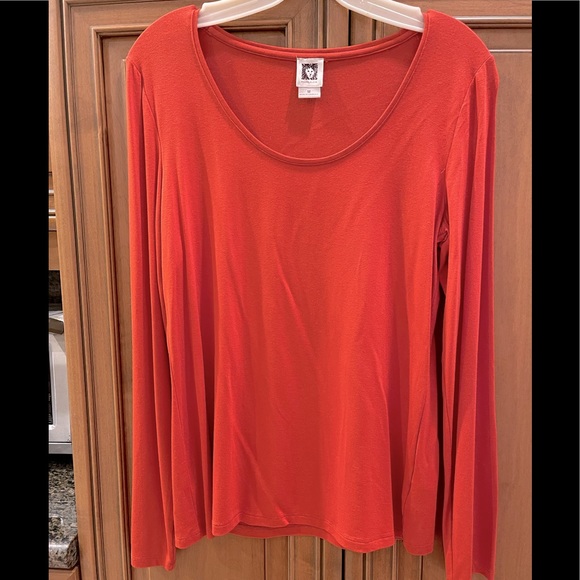 ANNE KLEIN Round Neck Long Sleeve Tee Top Deep Orange 94% Rayon/6% Spandex - Picture 1 of 4
